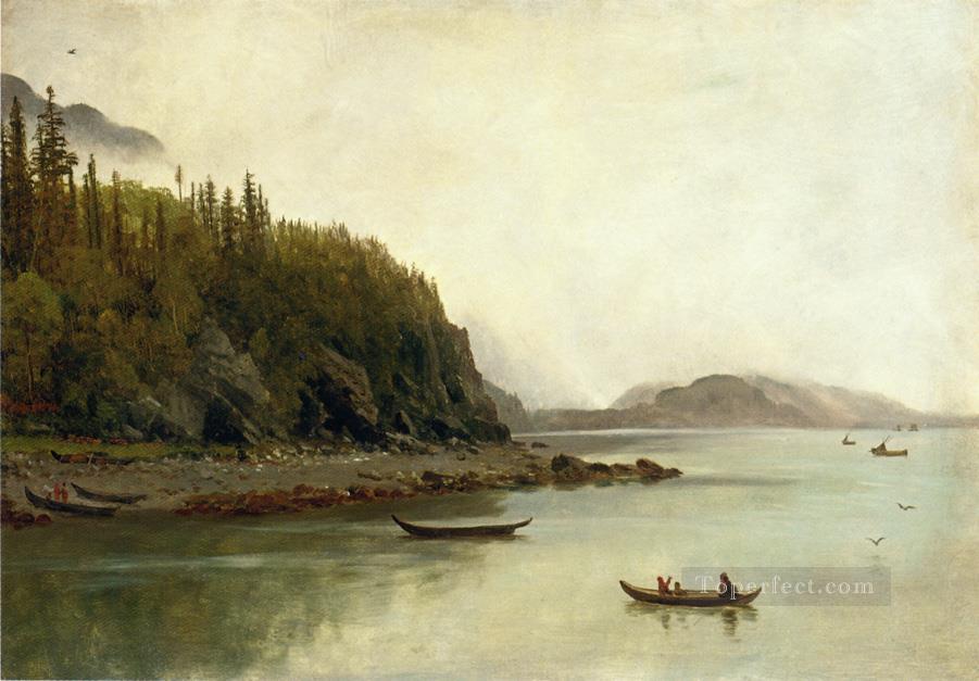 Indios pescando en la playa de Albert Bierstadt Pintura al óleo